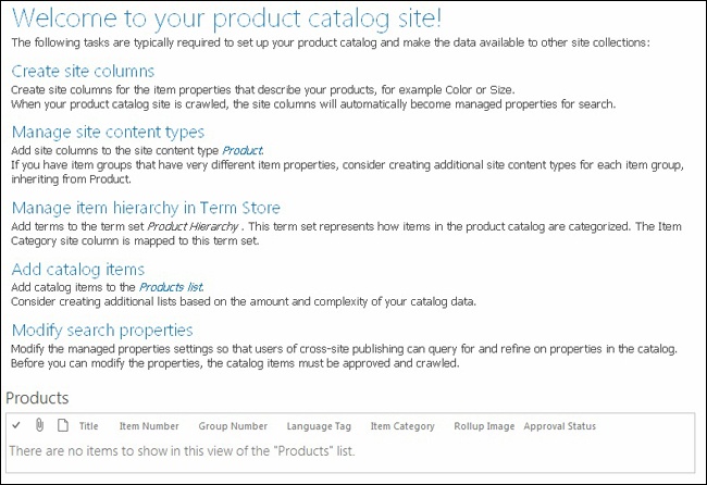 Home page of a product catalog site collection