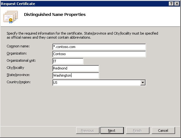 Request Certificate dialog box in IIS 7