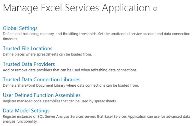 The Manage Excel Services Application settings page