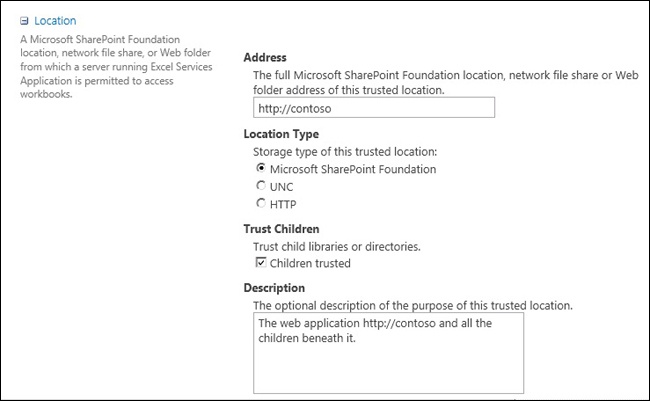 The Location section for the http://contoso trusted file location