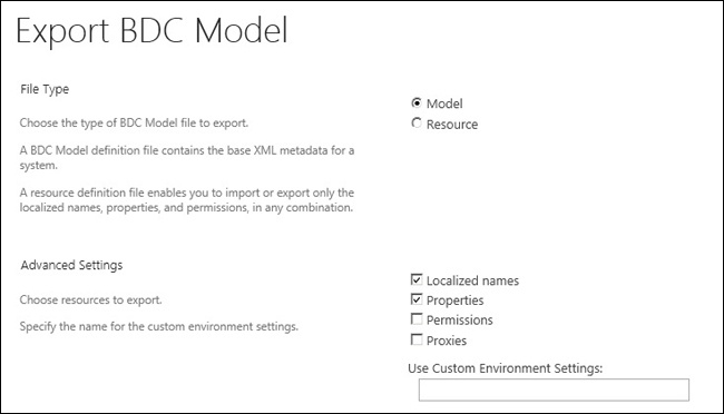 Export BDC Model page, showing export options