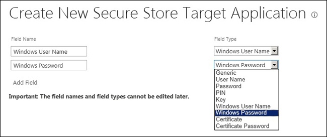 Field page of the Secure Store Target Application process