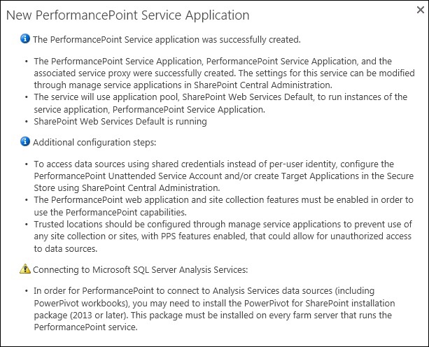 PerformancePoint Service Application confirmation page