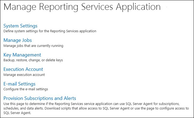 Manage Reporting Services Application page