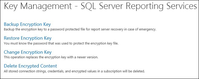 Key Management page of the SQL Server Reporting Services service application