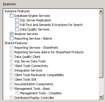 Feature selection page that’s part of a SQL Server installation.