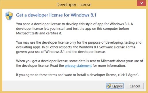 Visual Studio’s Developer License dialog box prompting the user to install the license.