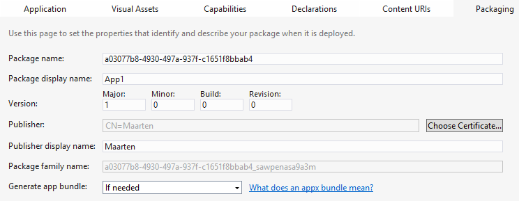 Visual Studio showing the manifest designer’s Packaging tab.