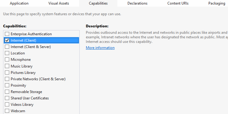 Visual Studio showing the manifest designer’s Capabilities tab.