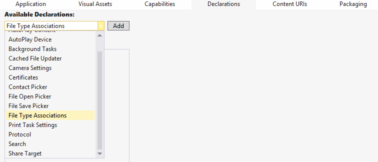Visual Studio showing the manifest designer’s Declarations tab.
