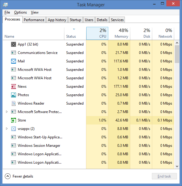 Task Manager showing some suspended Windows Store apps.