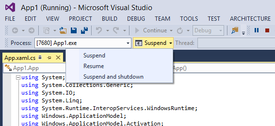 Forcing an app to suspend, resume, or terminate using Visual Studio’s Debug Location toolbar.