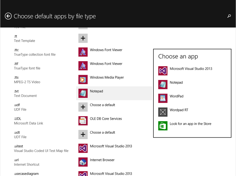 The Choose Default Apps By File Type pane.