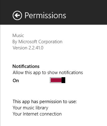 The Music app has permission to access your Music library and to the Internet.
