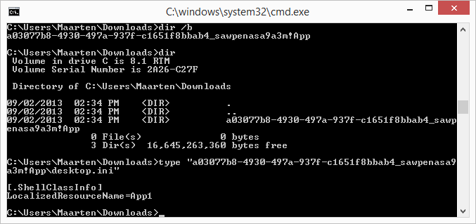 The app’s Downloads subfolder and its Desktop.ini file as viewed with cmd.exe.