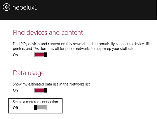 Setting a connection as metered using the PC Settings > Network > Connections settings.