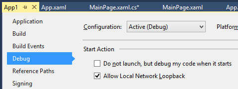 Visual Studio’s Allow Local Network Loopback Debug setting.