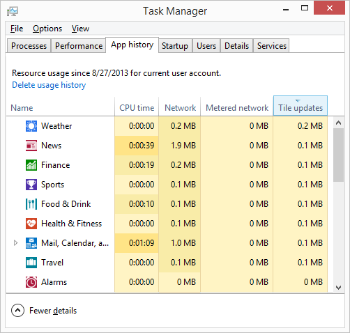 Task Manager’s Tile Updates column shows network bandwidth used for an app’s tiles and notifications.