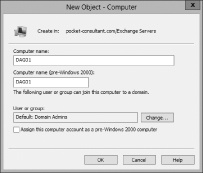 A screen shot of the New Object–Computer wizard, where you can set the Computer Name. You can also configure which user or group can join the new computer account to a domain by using the Change option.