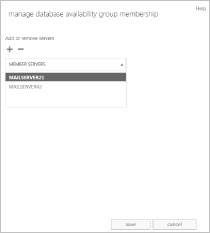 A screen shot of the Manage Database Availability Group Membership dialog box, where you can add or remove servers using the options under the related heading.