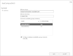 A screen shot of the Properties dialog box for a selected availability group, where you can view a list of member servers, the witness server?s fully qualified domain name, and the location of the witness directory on the witness server.