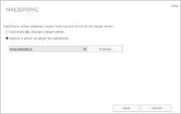 A screen shot of the Server Switchover dialog box. The default option is to allow Exchange to handle the switchover and select a server to take over the databases from the source server automatically. You can also choose to Specify A Server As Target For Switchover.