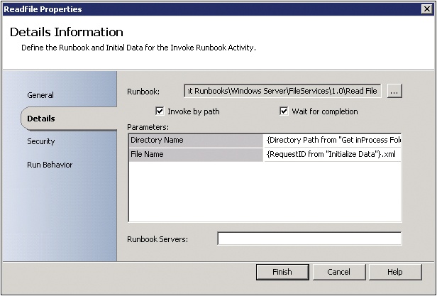 The Details tab with the Invoke Runbook settingfor ReadFile.