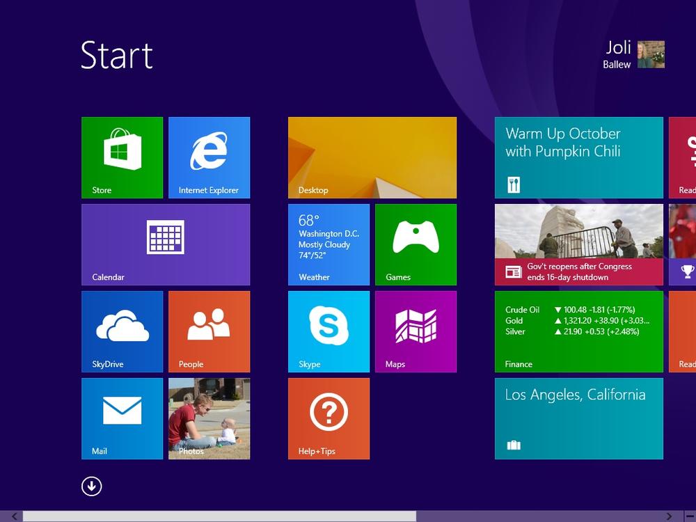 A screen shot showing the Start screen in its default state for a new user.