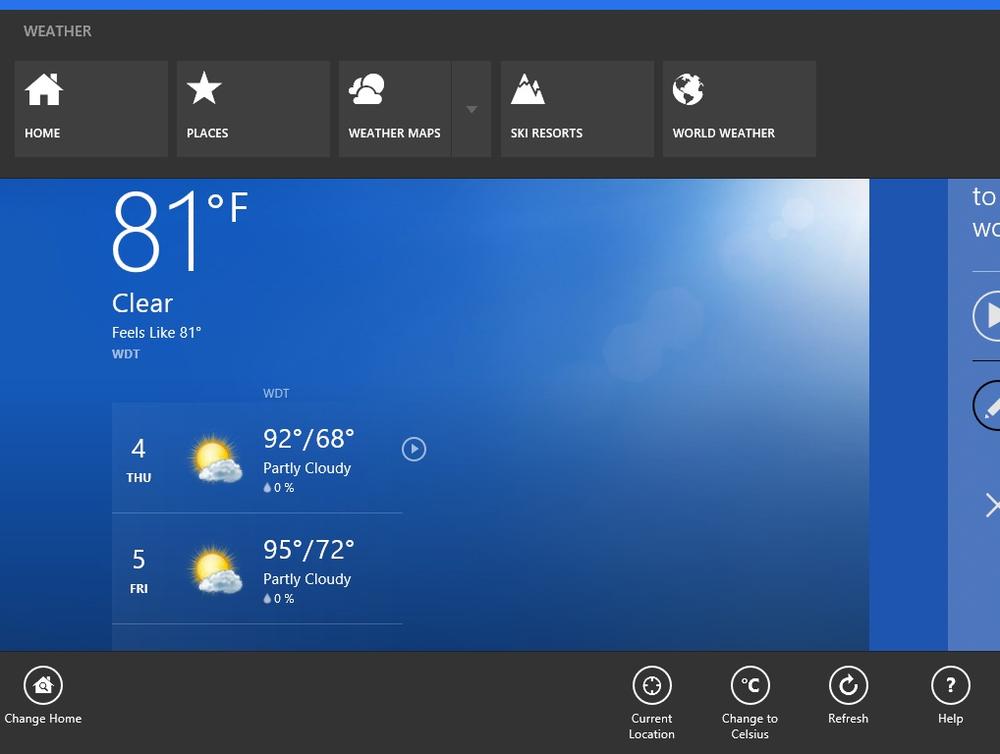 A screen shot of the available Weather app charms.