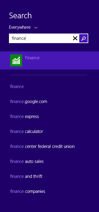 A screen shot of the Search pane and results for a search for the word Finance.