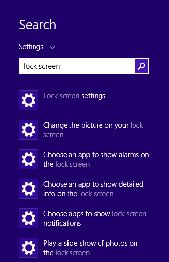 A screen shot of the results of a settings search for Lock Screen.