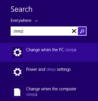 A screen shot showing how to search for the option to change when the computer sleeps.