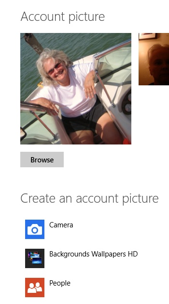 A screen shot of the Create an account picture options, including Browse and Camera.