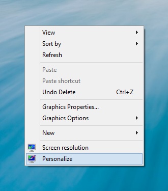 A screen shot of the right-click menu on the desktop with the Personalize option highlighted.