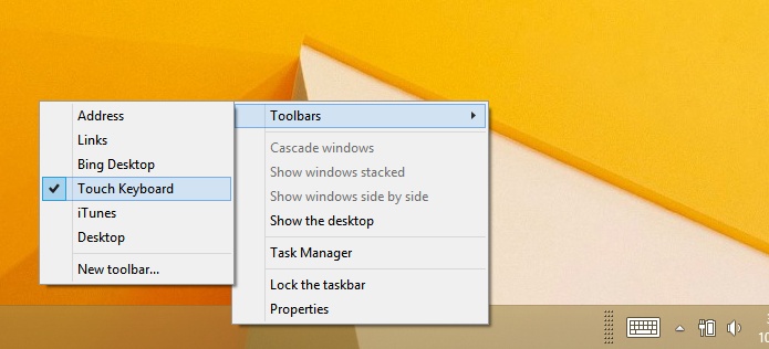 A screen shot of the Toolbars menu, where you can select which toolbars to show or hide.