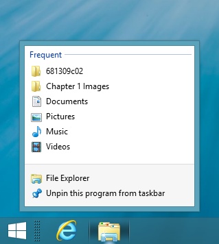 A screen shot of a jump list, which offers access to recently accessed items, and is available via a right-click on the taskbar icon.