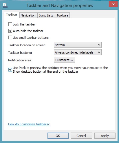 A screen shot of the taskbar’s Properties dialog box, which offers personalization options.