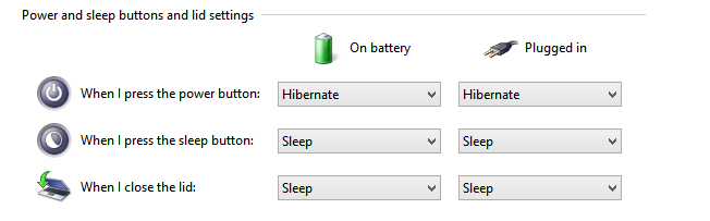 A screen shot of the Power and Sleep Buttons and List Settings, where you can configure what happens when you press the power button or perform other tasks.