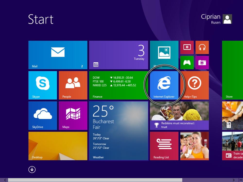 A screen shot of the Internet Explorer tile on the Start screen.