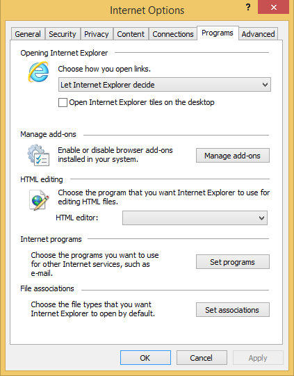 A screen shot of the Internet Options dialog box in Internet Explorer 11.