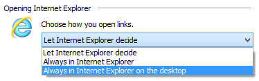 A screen shot of options for how to open Internet Explorer 11.