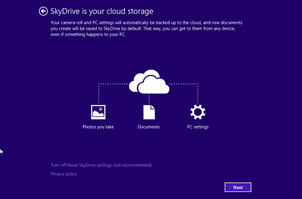 A screenshot of a prompt asking whether you want to use SkyDrive or not.