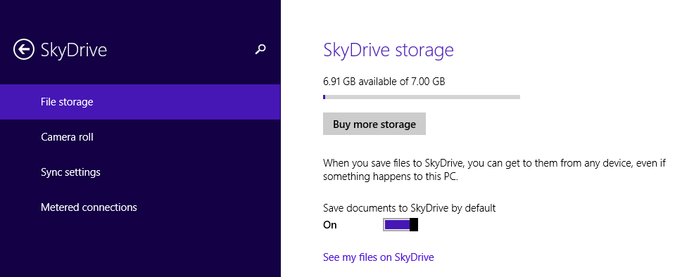 A screen shot of the SkyDrive section in PC Settings, sharing information about the space available.