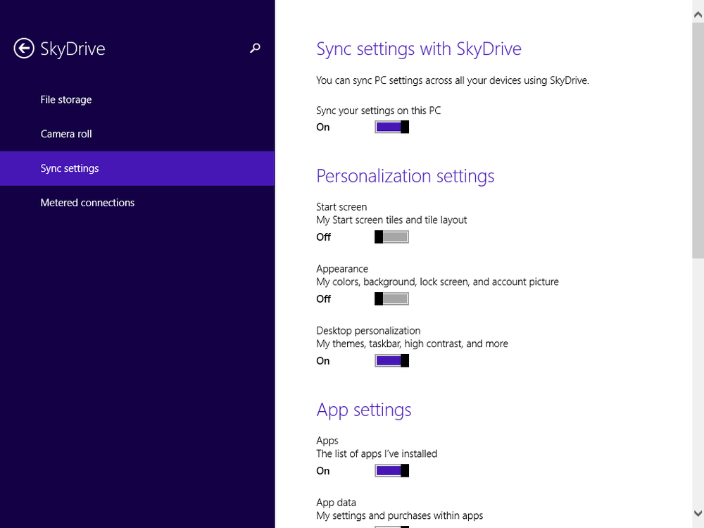 A screen shot of the SkyDrive section in PC Settings, with synchronization, personalization, and app settings.