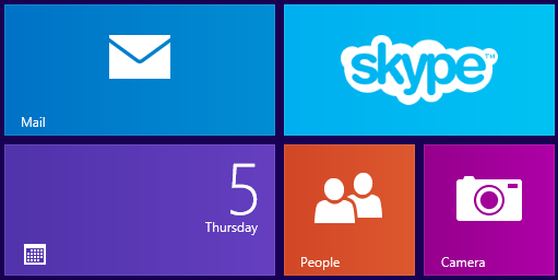 A screen shot of the tiles for Mail, Calendar, People, Skype, and Camera.