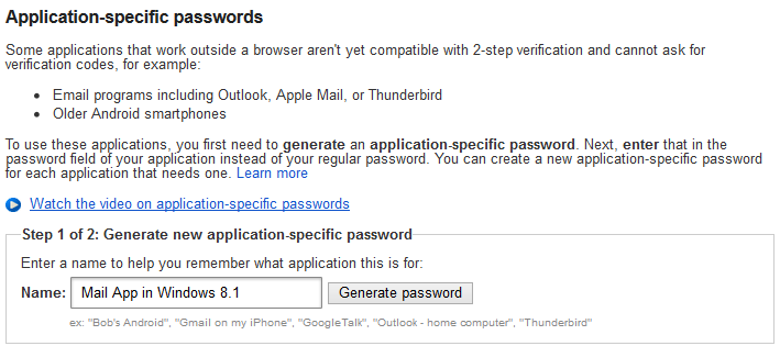 A screen shot of the window for generating application-specific passwords, for your Google account.