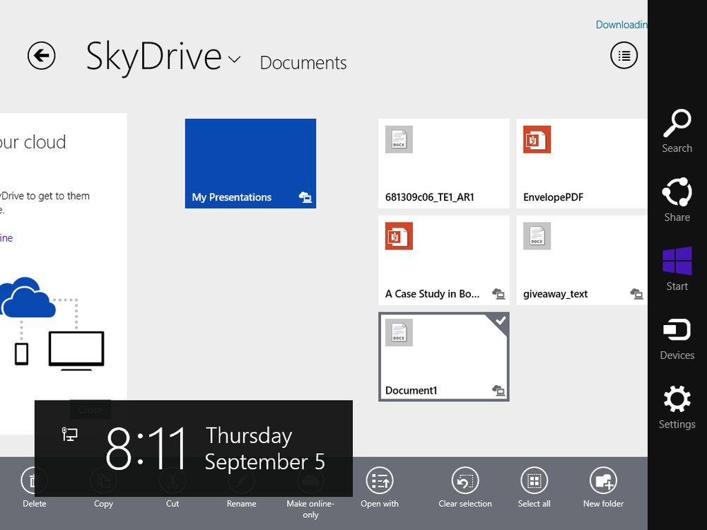 A screen shot of the SkyDrive app, with a file selected and the Charms.