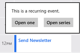 A screen shot of the options for opening a recurring event in the Calendar app.