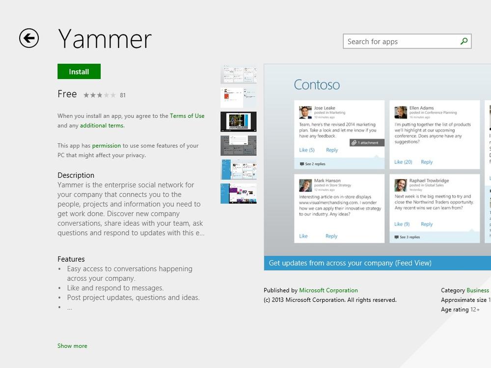 A screen shot of the Yammer app page in the Windows Store.