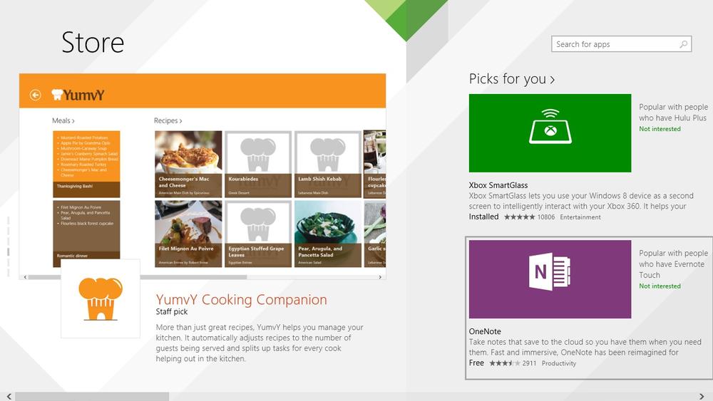 A screen shot of the Windows Store’s scrollable interface where you can browse apps.